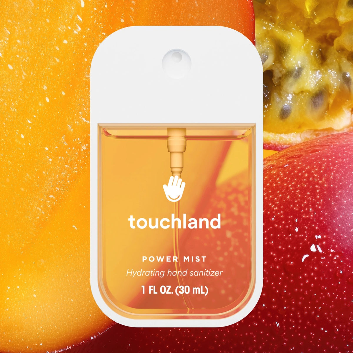 Touchland power mist hand sanitizer packaging with a colorful background