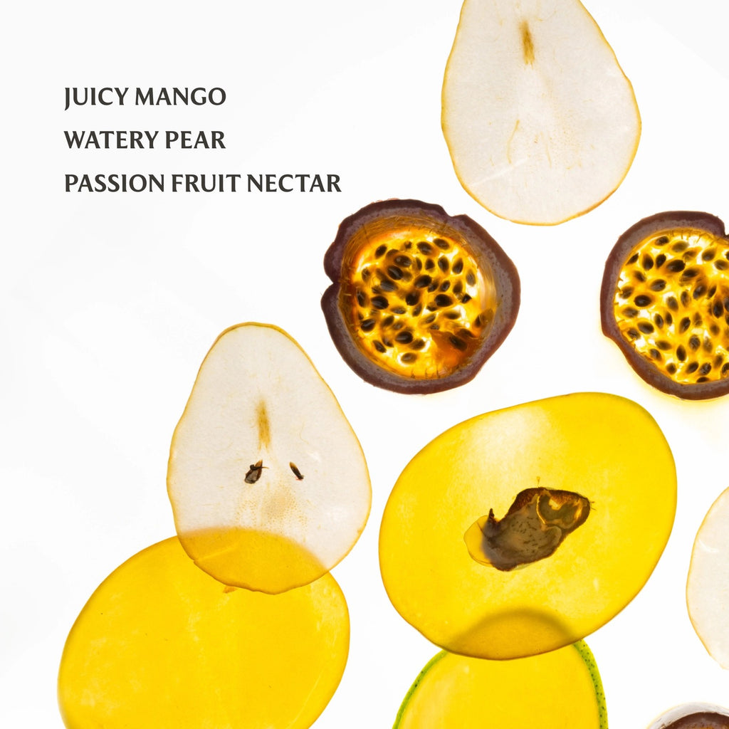 Sliced mango, pear, and passion fruit on a white background with text describing the flavors.