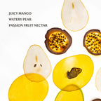 Sliced mango, pear, and passion fruit on a white background with text describing the flavors.