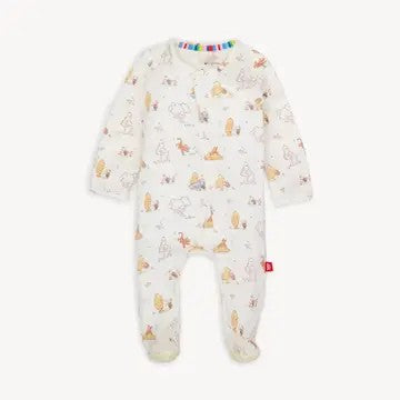 A baby long-sleeve footed sleeper in white with Winnie the Pooh print, shown flat on a light gray background.