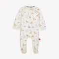 A baby long-sleeve footed sleeper in white with Winnie the Pooh print, shown flat on a light gray background.