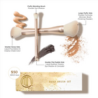 Daily Brush Set (Limited-Edition) displaying four dual-ended makeup brushes with labeled uses for foundation, blush, bronzer, eye shadow, and concealer alongside a branded box, perfect for mom life essentials and stylish kids clothing boutiques.