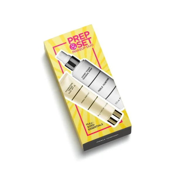 Prep & Set Makeup Duo (Limited-Edition) featuring two sleek skincare bottles in a stylish yellow and orange box, designed for modern moms seeking practical mom life essentials.