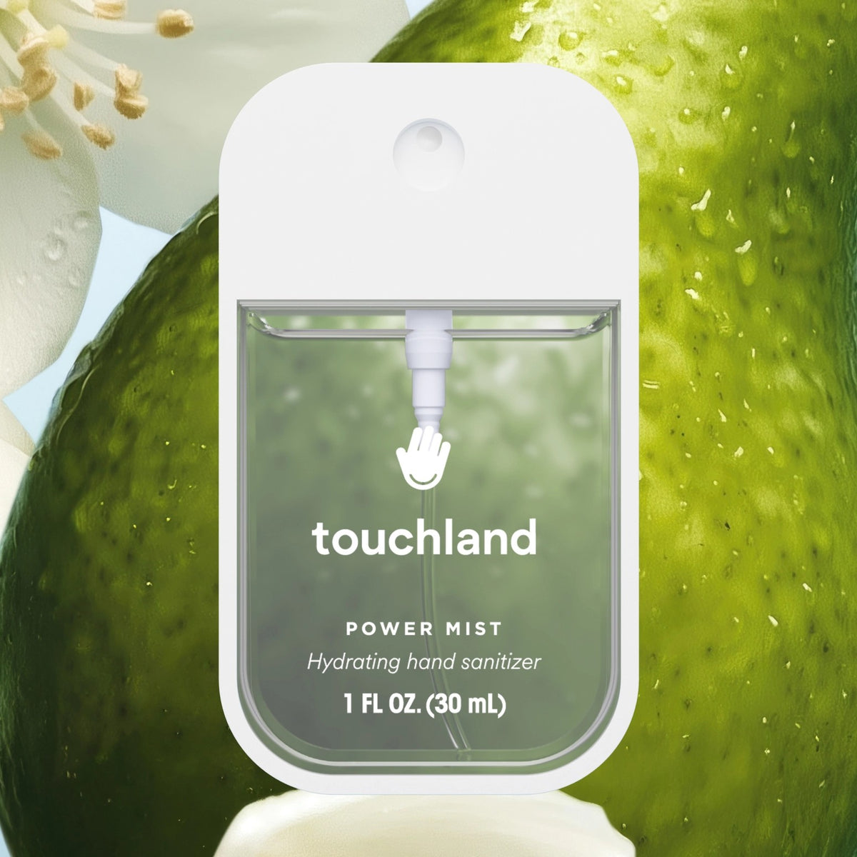 Touchland hand sanitizer power mist with green apple and flowers in the background