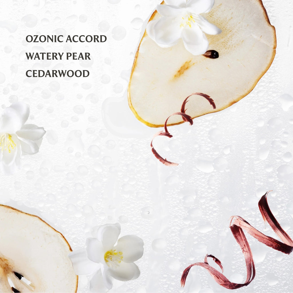 Pear slices and flowers with 'Ozonic Accord' text on a textured white background