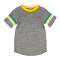 Miki Miette - Retro Sport Christopher T-Shirt & Rusty Shorts - Two Piece Set features a soft grey short-sleeve t-shirt with yellow, green, and white striped accents, perfect for stylish kids clothing from a curated children’s boutique.
