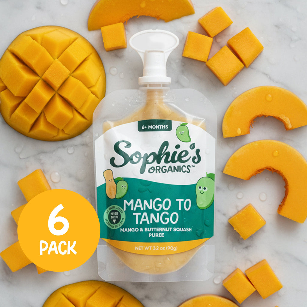 Sophie's Organics - Mango To Tango (6-pack) baby food puree pouch surrounded by fresh mango and butternut squash pieces, showcasing natural, organic ingredients for stylish kids clothing and mom life essentials.
