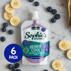 Sophie's Organics - Cool (6 Pack) blueberry and banana puree pouch surrounded by fresh banana slices and blueberries, showcasing stylish essentials for little ones and moms.