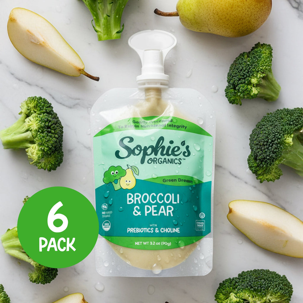 Sophie's Organics - Dream (6-pack) broccoli and pear organic baby food pouch surrounded by fresh broccoli florets and pear slices, highlighting natural ingredients and cozy baby essentials.