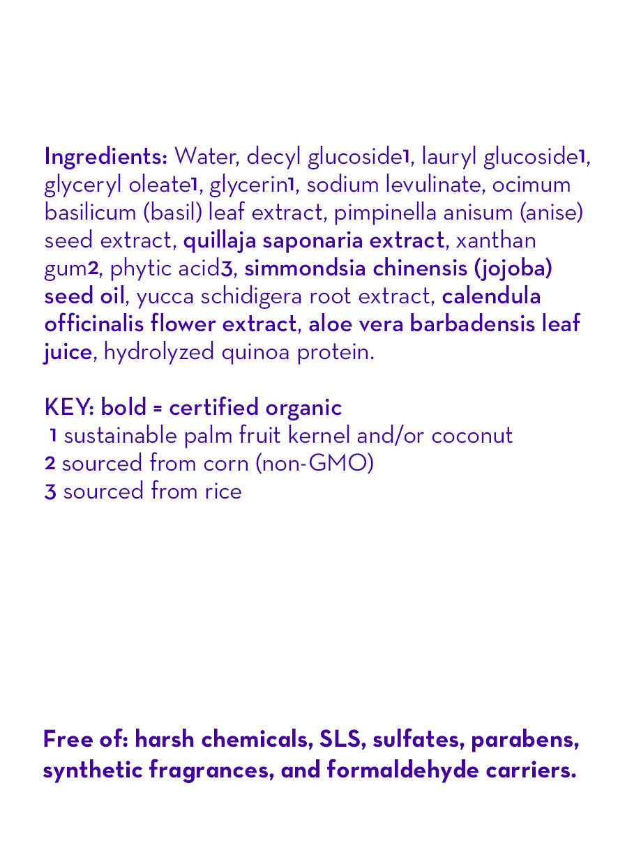 Ingredients list for California Baby - (No Fragrance) Super Sensitive™ Shampoo & Bodywash featuring certified organic extracts and oils, free from harsh chemicals, sulfates, parabens, synthetic fragrances, and formaldehyde carriers, emphasizing gentle, eco-conscious care for babies and moms.