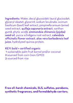 Ingredients list for California Baby - (No Fragrance) Super Sensitive™ Shampoo & Bodywash featuring certified organic extracts and oils, free from harsh chemicals, sulfates, parabens, synthetic fragrances, and formaldehyde carriers, emphasizing gentle, eco-conscious care for babies and moms.