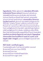 Close-up of the ingredients list for California Baby - Tea Tree & Lavender Hair Conditioner, highlighting natural and certified organic extracts and oils in purple and black text on a white background.