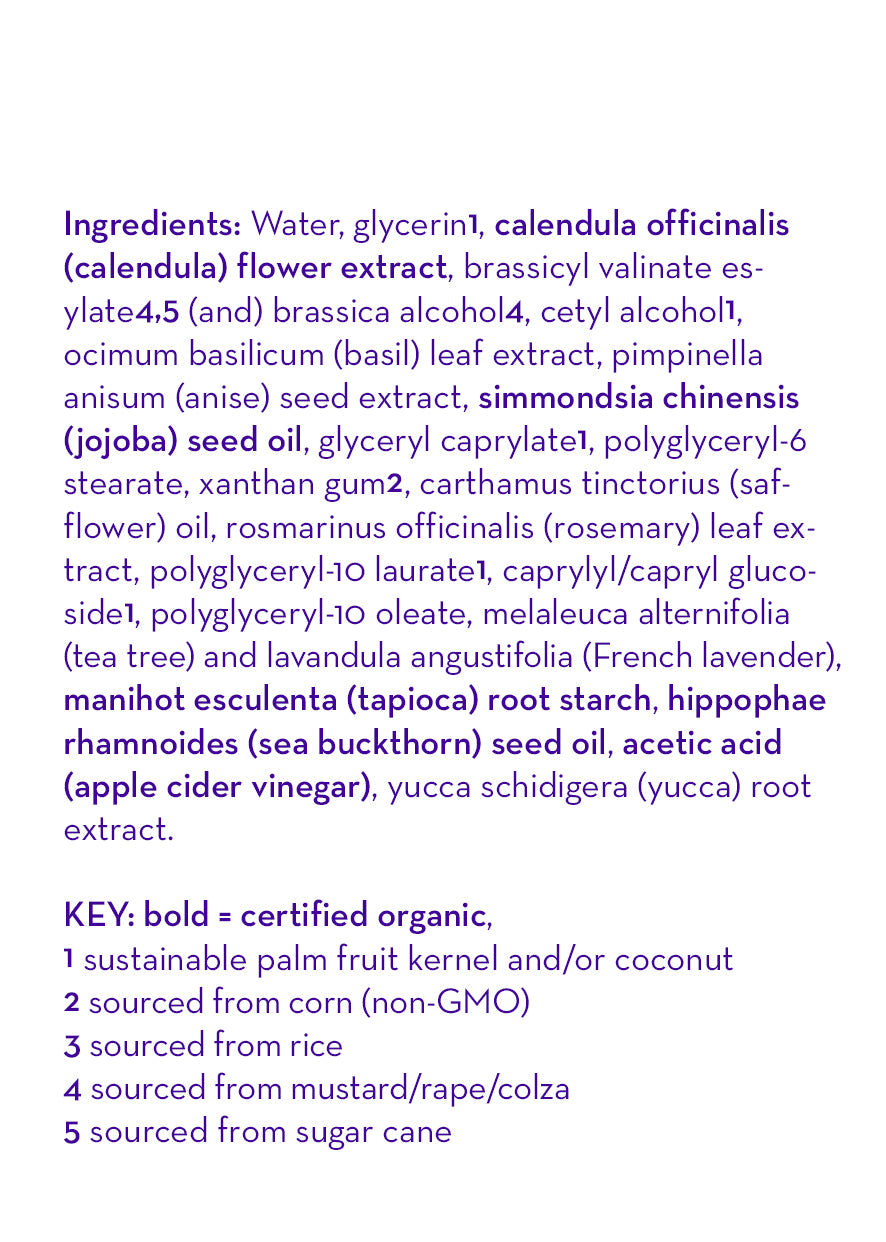 Close-up of the ingredients list for California Baby - Tea Tree & Lavender Hair Conditioner, highlighting natural and certified organic extracts and oils in purple and black text on a white background.