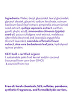 Close-up of an ingredient list highlighting natural and certified organic components in California Baby - Tea Tree & Lavender™ Shampoo & Bodywash, emphasizing clean, gentle formulation for sensitive skin.