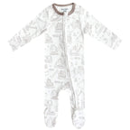 A baby long-sleeve footed sleeper in white with a light gray construction vehicle print, featuring a brown collar.