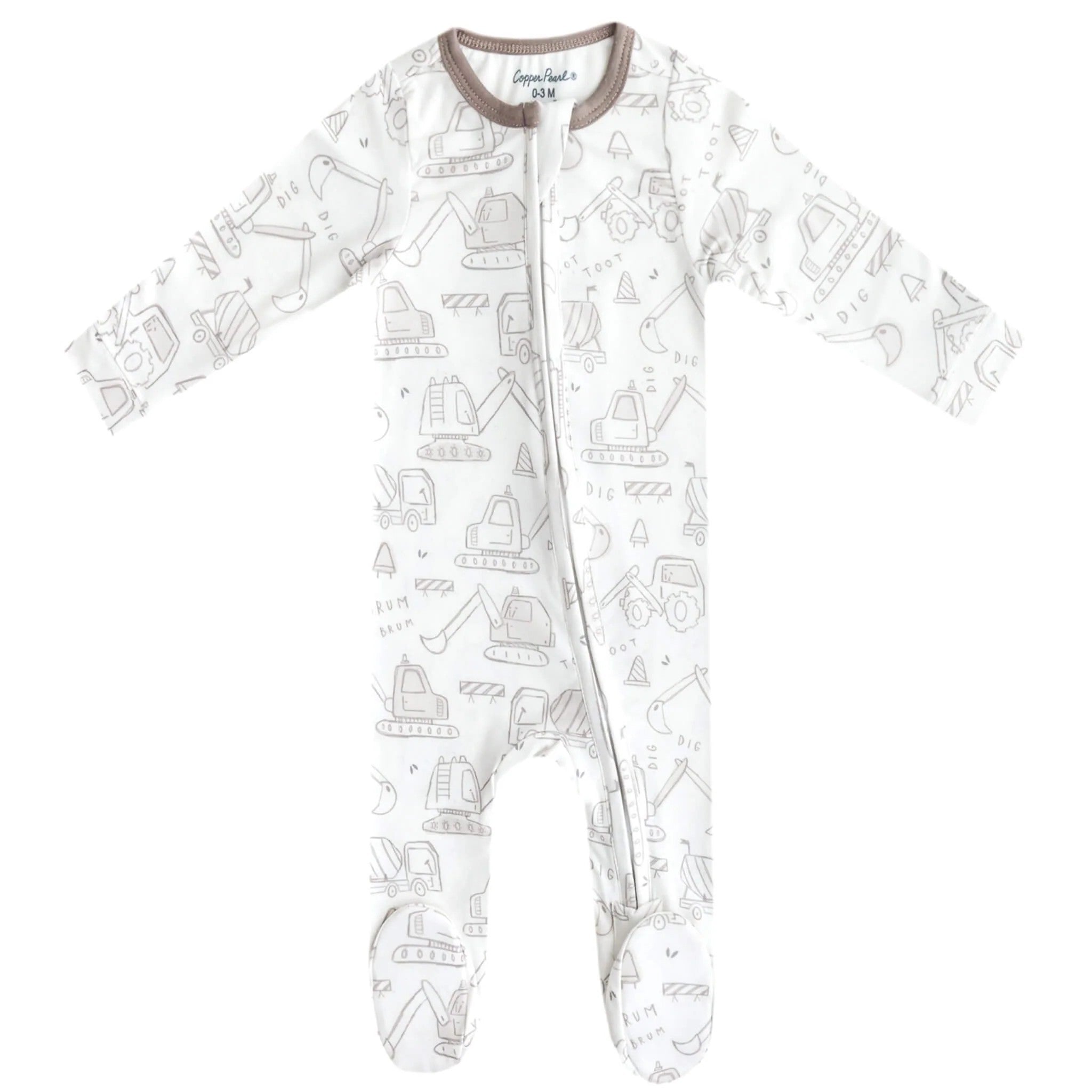 A baby long-sleeve footed sleeper in white with a light gray construction vehicle print, featuring a brown collar.