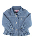 RuffleButts + RuggedButts - Girls Light Wash Jacket: Blue featuring a classic denim design with button closures, front pockets, and a ruffled hem, perfect for stylish kids clothing.