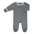 babysoy Inc - Basic Zipper Footie: Tornado in soft gray with cream trim, featuring a full front zipper and snap closure, comfortable and breathable for cozy baby essentials.