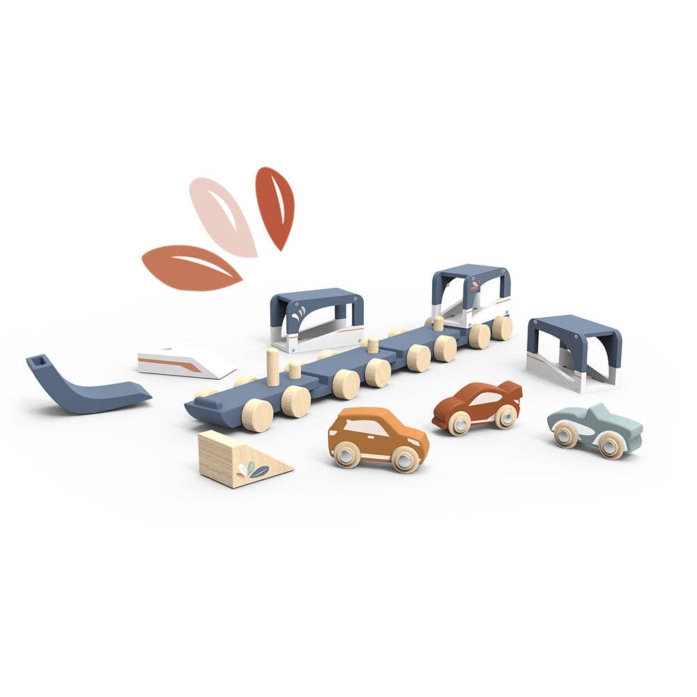 Speedy Monkey - Train Vehicle Carrier wooden toy set with detachable blue carrier, three colorful vehicles, and small accessories for imaginative play and stylish kids entertainment.