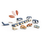 Speedy Monkey - Train Vehicle Carrier wooden toy set with detachable blue carrier, three colorful vehicles, and small accessories for imaginative play and stylish kids entertainment.