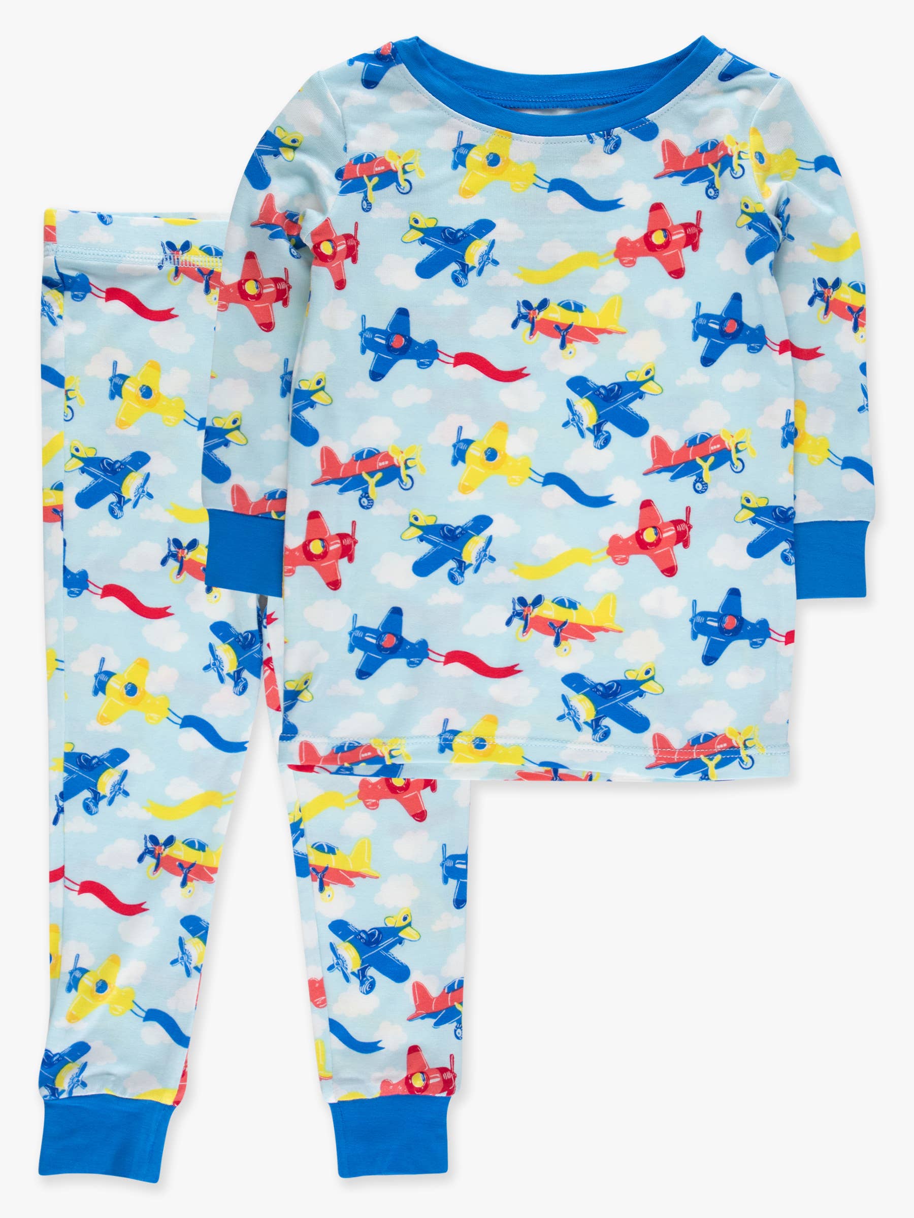 RuffleButts + RuggedButts - SoftSnooze™ Kids Bamboo Viscose Plane Parade Long Sleeve Pajama Set featuring colorful planes on soft breathable fabric, perfect cozy kids sleepwear from a curated children’s boutique.