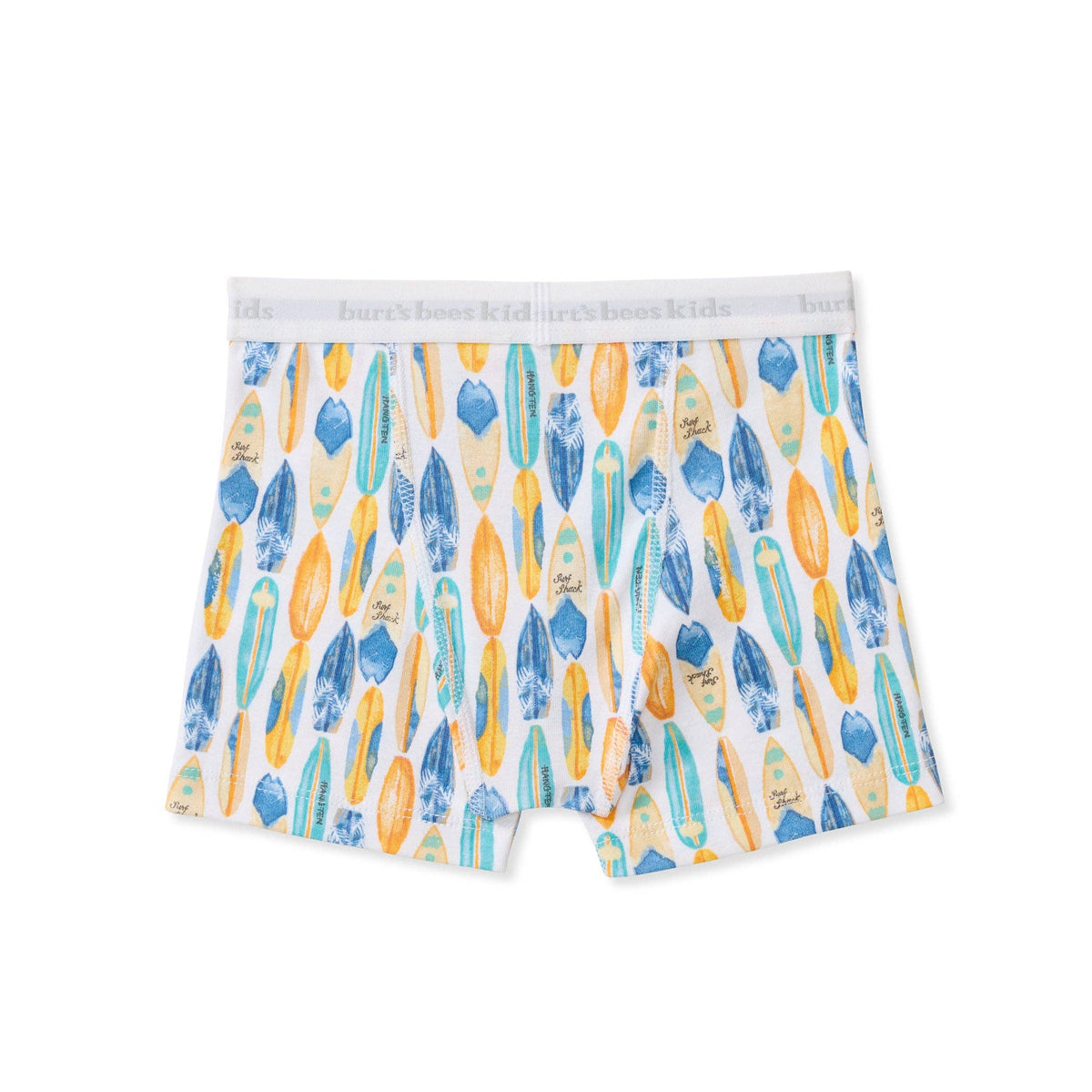 A pair of kids' boxer briefs, featuring a white background with a colorful pattern of surfboards in blue, yellow, and orange.