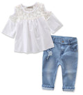 Fennco Styles - Lace Off Shoulder 3/4 Sleeve Blouse & Jeans 2pcs Girl Outfit featuring a white lace off-shoulder blouse with 3/4 sleeves paired with light blue distressed rolled-hem jeans, perfect for stylish kids clothing.