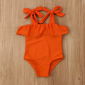 Fennco Styles - Orange Ruffle One-Piece Toddler Girl Swimsuit with shoulder tie straps, designed for stylish kids clothing, perfect for sunny days at the beach or pool.