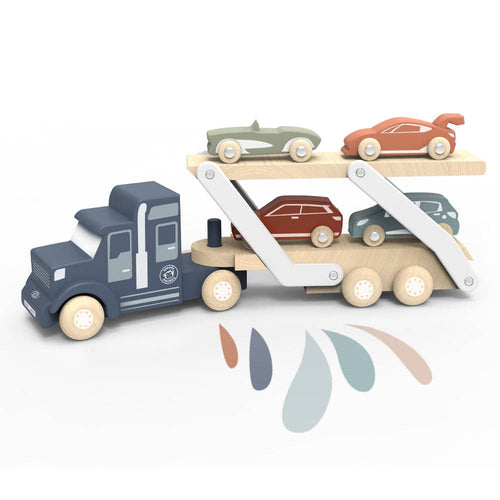 Wooden toy car transporter with four colorful cars in soft muted tones, designed for imaginative play, featuring Speedy Monkey - Car Transporter from a curated children’s boutique.