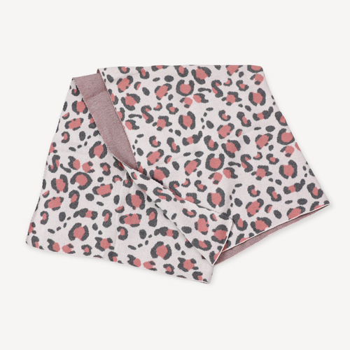 Viverano Organics - Leopard - Organic Cotton Jacquard Sweater Knit Baby Blanket featuring a soft pink and gray leopard print design, perfect for cozy baby essentials.