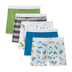 Five pairs of children's boxer briefs fanned out on a white background, featuring various patterns including solid green, gray and white stripes, colorful dots, and a light blue scooter and bike print.