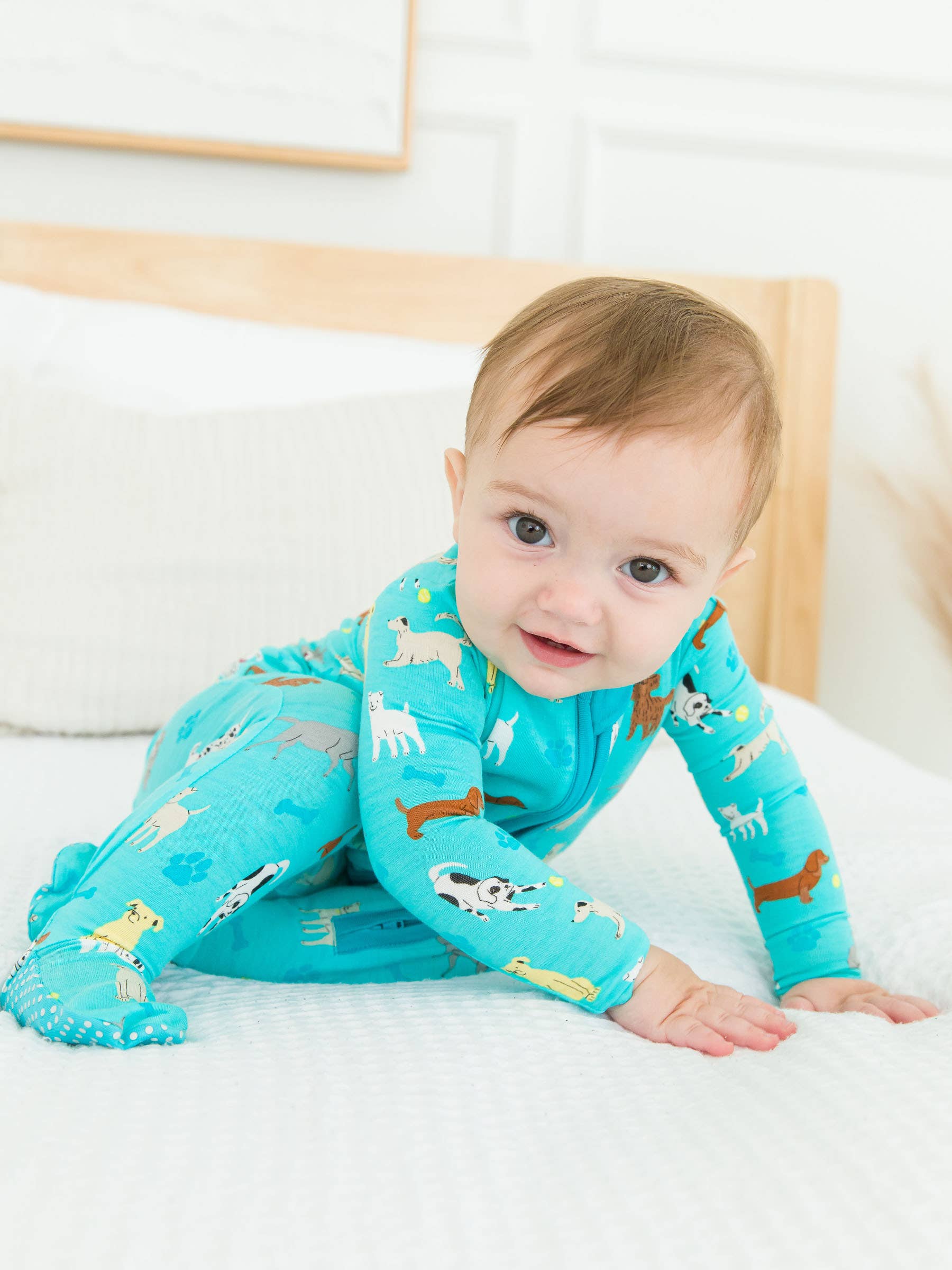 RuffleButts + RuggedButts - SoftSnooze™ Baby Boys Bamboo Viscose Puppy Playtime Footed One Piece Pajama
: Blue / 6-12m