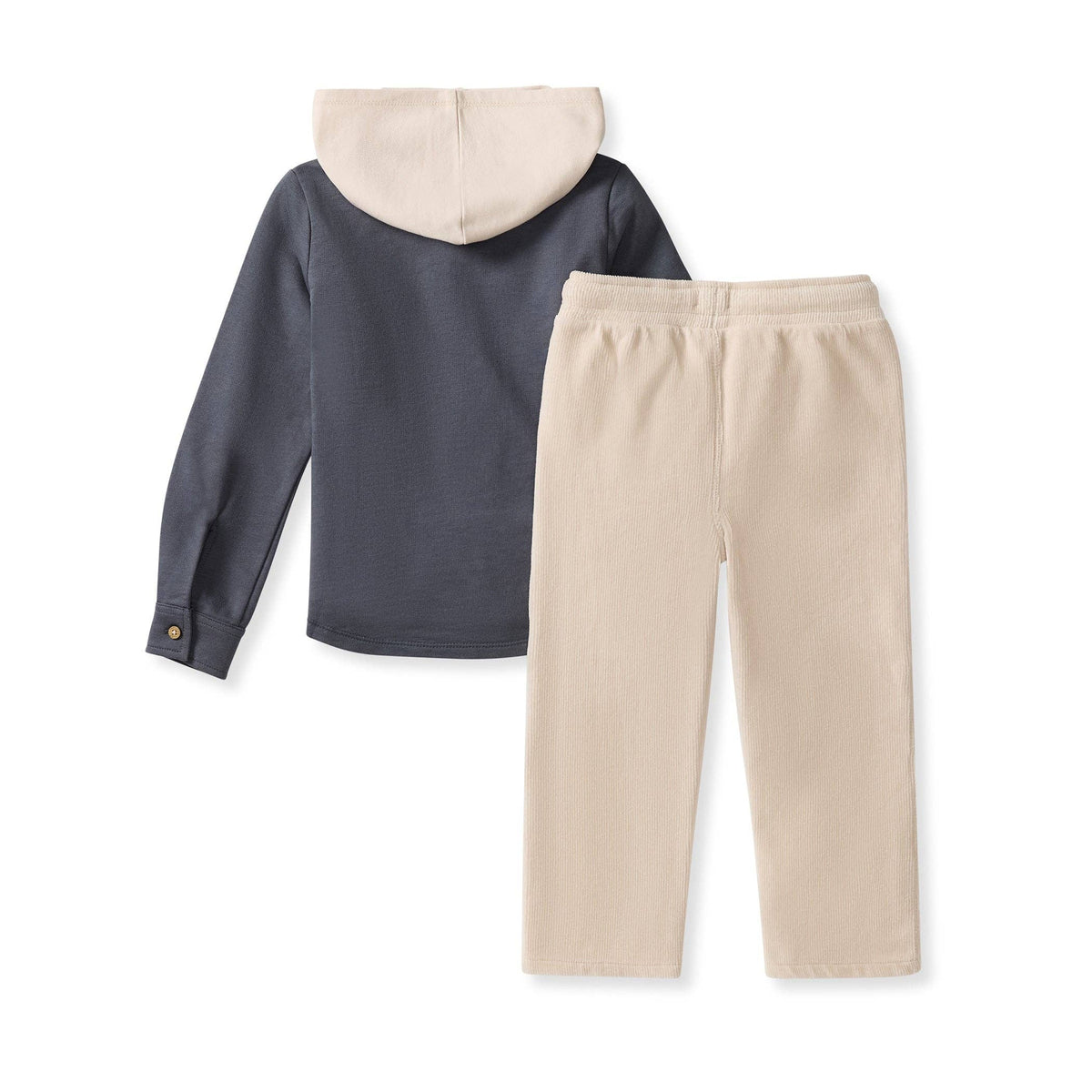 Children's navy hoodie and beige pants on a white background