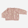 The Blueberry Hill - Flower Cardigan Blush Baby Sweater Kids Spring Summer, a soft knit baby sweater in blush pink adorned with delicate white flower embellishments, perfect for cozy toddler outfits from a curated children’s boutique.