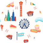 Pattern featuring Chicago landmarks and iconic symbols like the Ferris wheel, skyline, Chicago flag, and baseball motifs in blue, red, and orange hues on a white background, styled for Convertible Footies - Bamboo - Blue Chicago.