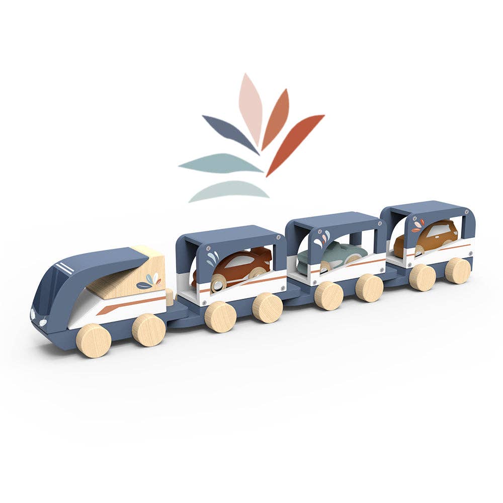 Wooden toy train with detachable cars carrying small animal figures, crafted in soft blue and natural wood tones, designed as Speedy Monkey - Train Vehicle Carrier for imaginative play.