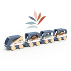 Wooden toy train with detachable cars carrying small animal figures, crafted in soft blue and natural wood tones, designed as Speedy Monkey - Train Vehicle Carrier for imaginative play.