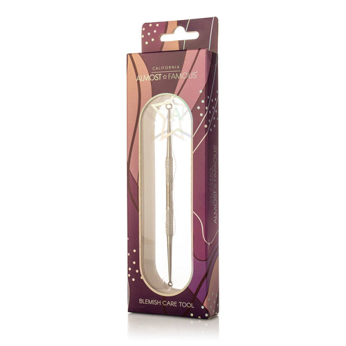 Packaging of Almost Famous - Professional Blemish & Blackhead Remover Tool - Silver, displayed in a stylish purple and pink box with elegant design accents.
