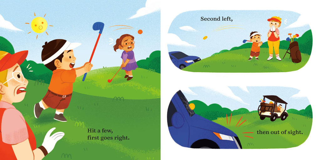 Illustrated pages from the Golf Baby Board Book featuring children playing golf outdoors with bright colors and playful scenes promoting imaginative play and learning.
