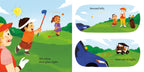 Illustrated pages from the Golf Baby Board Book featuring children playing golf outdoors with bright colors and playful scenes promoting imaginative play and learning.