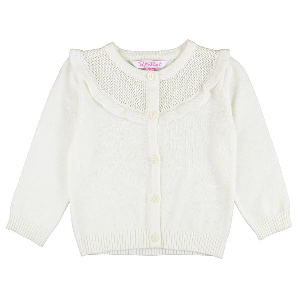 RuffleButts + RuggedButts - Girls Off-White Sweater Knit Ruffle Trim Cardigan
: White / 3T