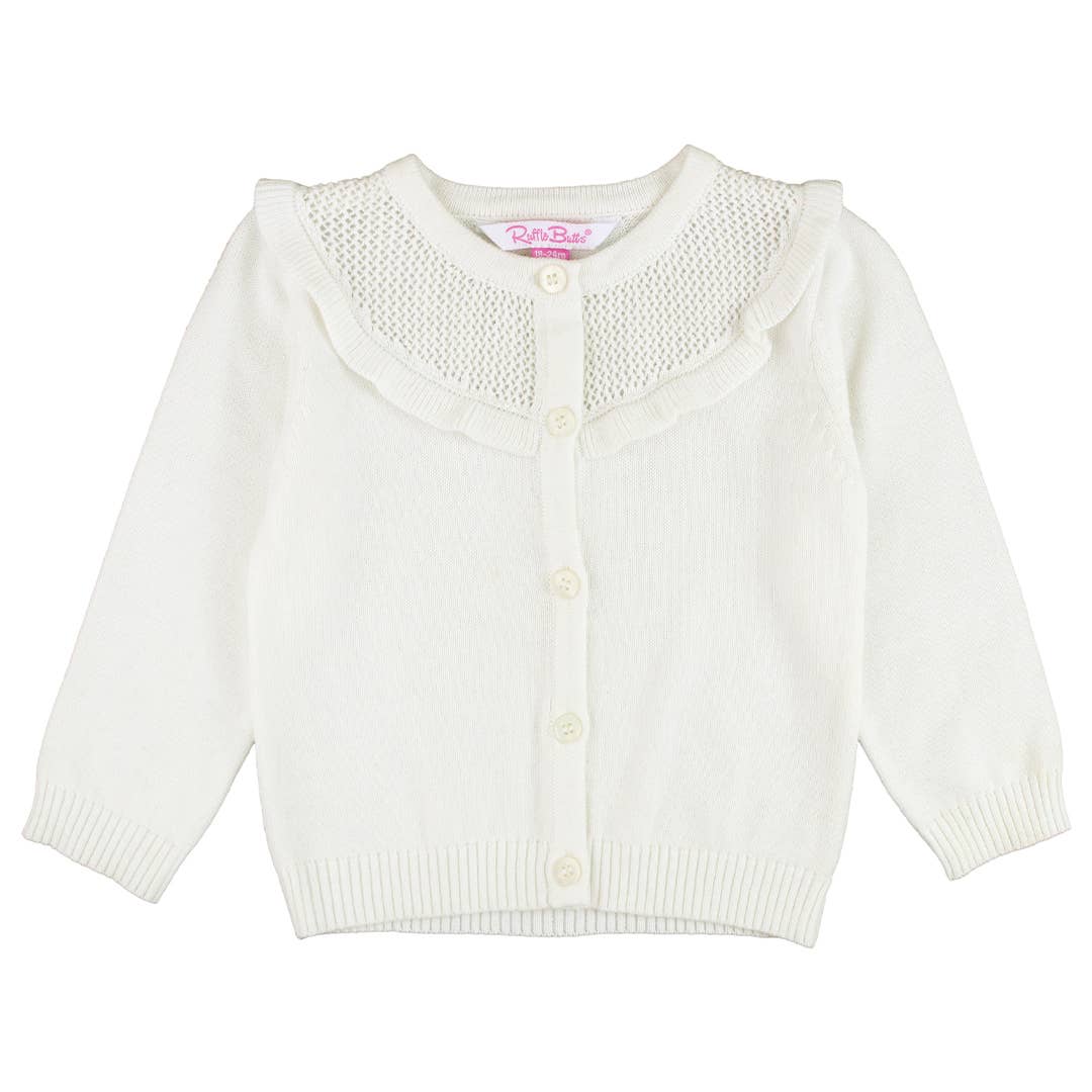 RuffleButts + RuggedButts - Girls Off-White Sweater Knit Ruffle Trim Cardigan
: White / 3T