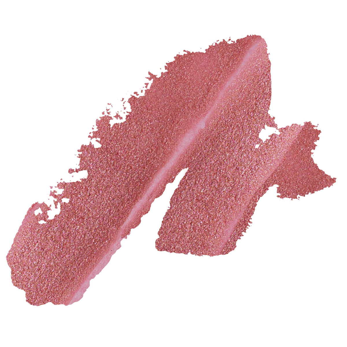 A textured cosmetic swatch of a shimmering dusty rose pink lip color, shown on a solid white background.