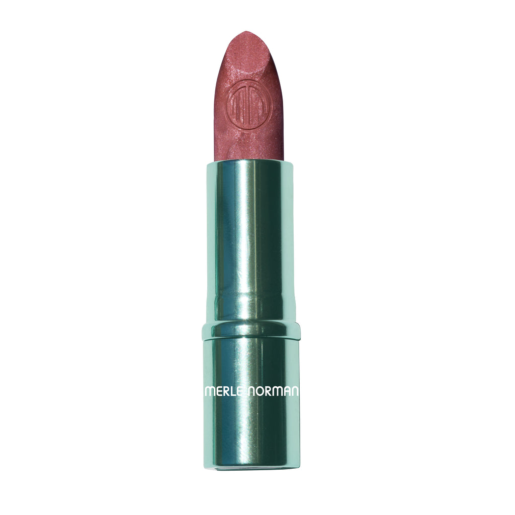 A single lipstick tube centered on a plain white background. The lipstick bullet is a dusty rose pink, and the metallic case is a dark teal-green.