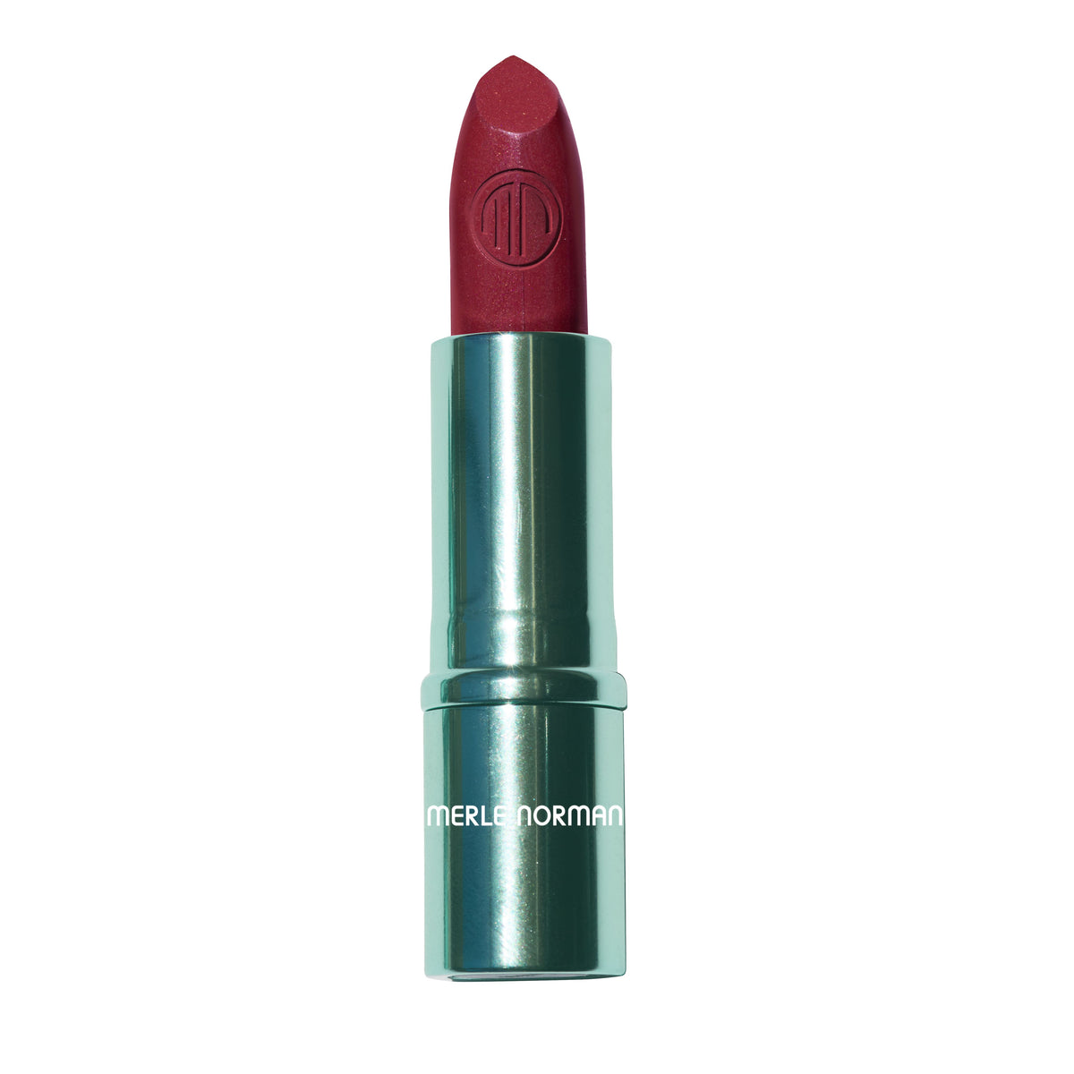 A single lipstick tube centered on a plain white background. The lipstick bullet is a deep berry red, and the metallic case is a teal-green color with the brand name 'MERLE NORMAN' printed in white near the bottom.