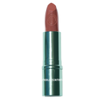Merle Norman lipstick in a metallic teal-green tube with a dusty rose pink lipstick bullet, shown on a solid white background.