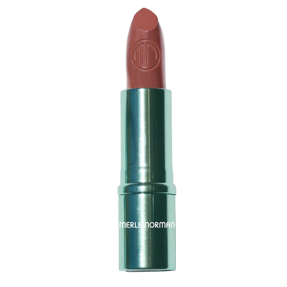 Merle Norman lipstick in a metallic teal-green tube with a dusty rose pink lipstick bullet, shown on a solid white background.