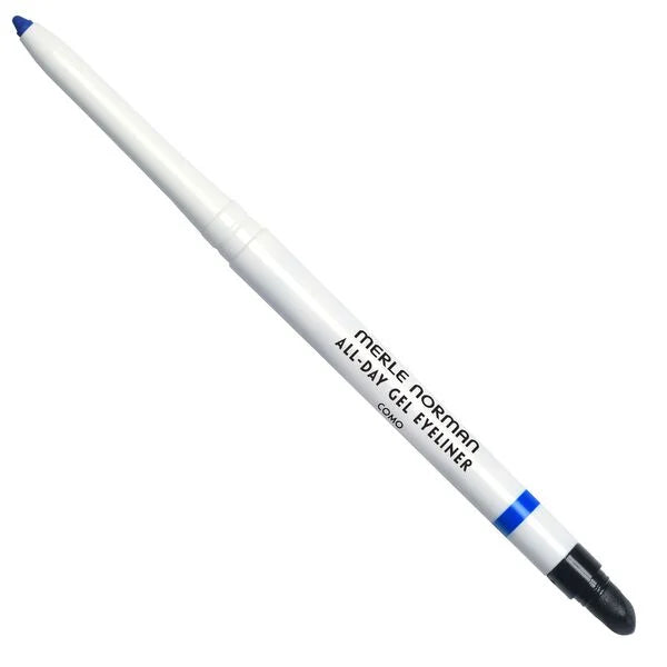 White retractable gel eyeliner pencil with blue tip and black smudger cap, labeled All-Day Gel Eyeliner (Limited-Edition), ideal for precise and long-lasting eye makeup.
