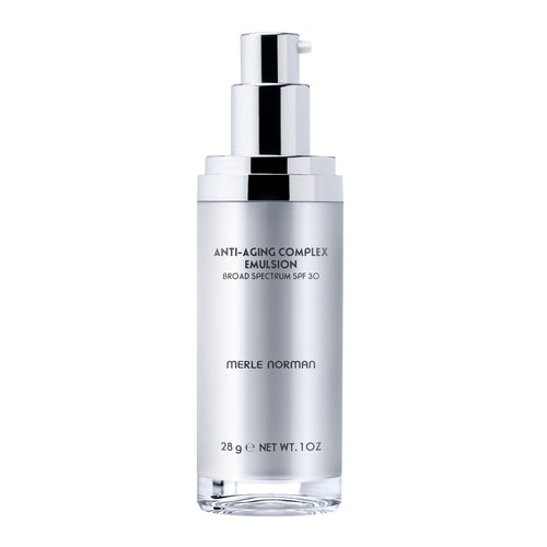 Anti-Aging Complex Emulsion Broad Spectrum SPF 30 in a sleek silver bottle with pump dispenser, offering advanced skincare with sun protection.