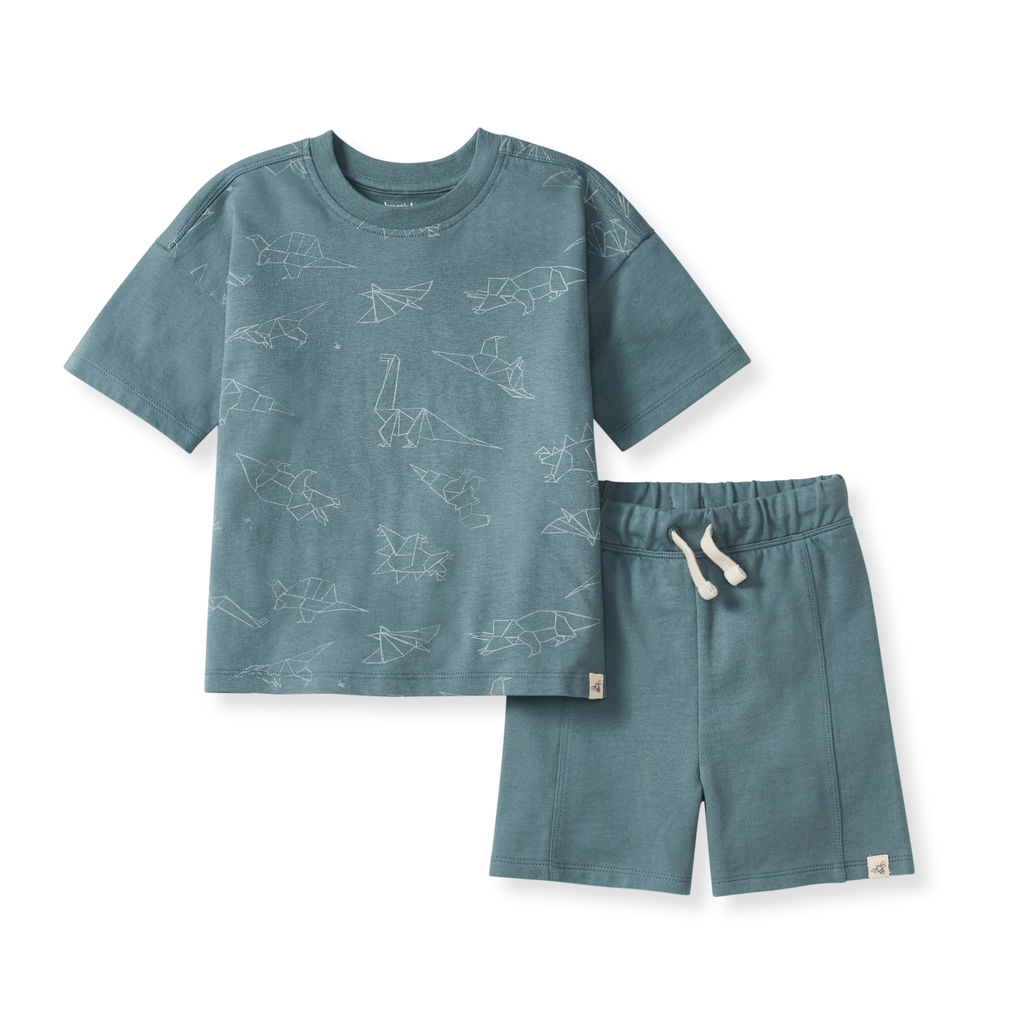 Burt's Bees Baby - Origami Dinos Boy Tee & Shorts Set in soft breathable fabric with playful origami dinosaur prints, perfect for stylish kids clothing and cozy baby essentials.